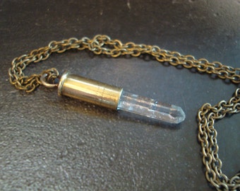 Crystal Bullet Necklace, 22 Cal Setting, Brass Metal, Handmade, Petite, Natural Quartz, 21" Chain, USA