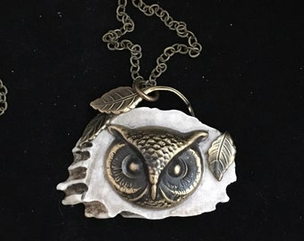 Antler Owl Necklace, Deer Horn, Carved, Custom Design, Owl & Leaves, Vintage Press Brass