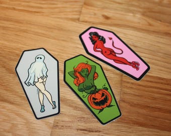Coffin Girls Pin Up Vinyl Sticker Bundle // Coffin Shape Decal // Waterproof