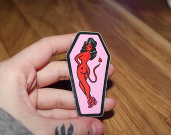 Demon Lover Pin Up Vinyl Sticker // Coffin Shape Sticker