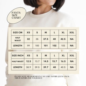 May include: Pants size chart in inches and centimetres. The chart shows the half waist and length measurements for sizes XS, S, M, L, XL, and XXL.