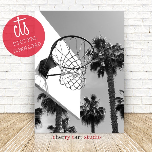 Basketball Hoop With Palm Trees In Black and White - Fine Art Print - Digital Download