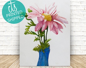 Painting of Pink Daisy In Blue Vase - Fine Art Print