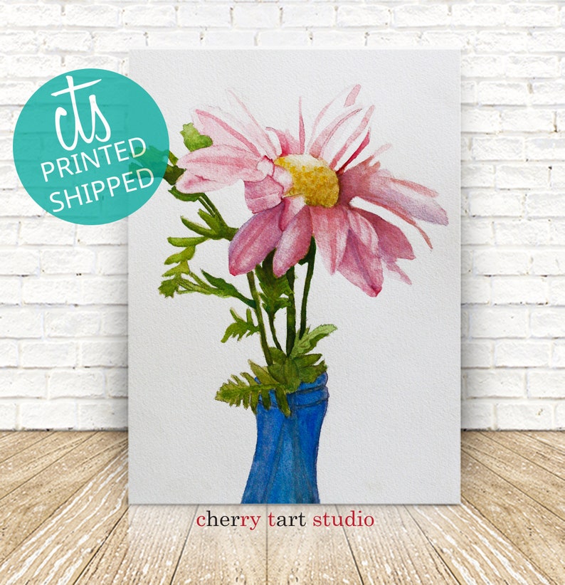Painting of Pink Daisy In Blue Vase  Fine Art Print image 1