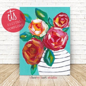 Rose in vaso a strisce pittura - stampa d&#39;arte - download digitale