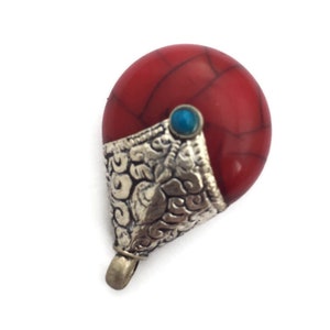 Ethnic Tibetan Red Coral Crackle Resin Drop Amulet Charm Pendant with Repousse Tibetan Silver Caps Turquoise Accent Dot