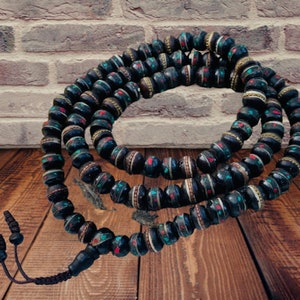 Tibetan Dark Yak Bone 108 Beads Inlay Turquoise and Coral Full Mala, Tibetan Prayer Beads Mala, Meditation Beads, Yoga Beads, Buddhist Beads