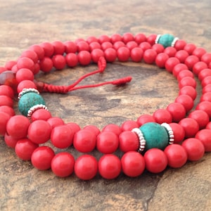 Tibetan Red Coral 108 Beads Full Mala, Yoga Beads, Meditation Beads, Coral Beads, Tibetan Prayer Beads, Buddhist Prayer Beads