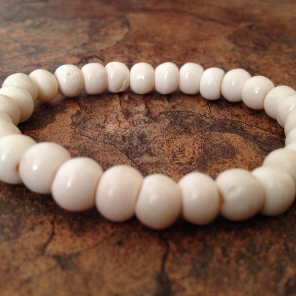 Bracciale Mala da polso elasticizzato con perline di osso di yak bianco tibetano, braccialetto di osso, braccialetto di osso, braccialetto di meditazione, braccialetto yoga, braccialetto di osso di Yak