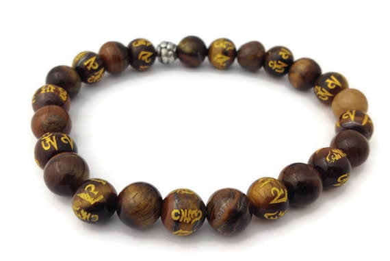 Piedra Natural De Ojo De Tigre Con Pulsera Om Mani Padme Hum Piedra Natural De Ojo De Tigre Con Pulsera Om Mani Padme Hum