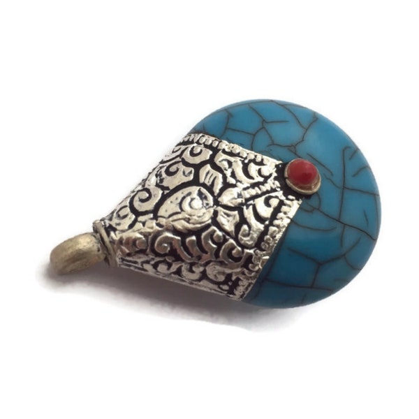 Handmade Ethnic Tibetan Turquoise Crackle Resin Drop Amulet Charm Pendant with Repousse Tibetan Silver Caps with Coral Accent Dot