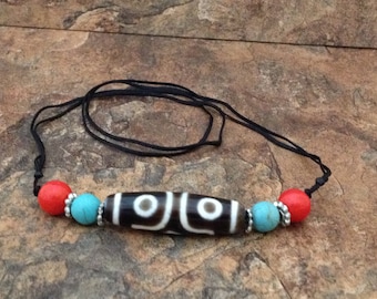 Tibetan 3 Eye Dzi Bead Necklace with Coral and Turquoise Beads on a Sliding Knot Cord