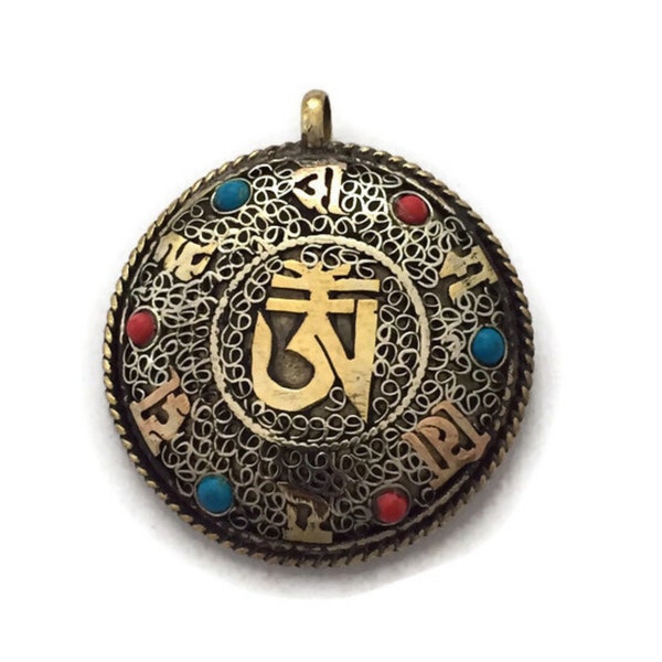 Double-Sided Tibetan Buddhist Kalachakra and Om Brass Pendant Necklace Buddhist OM Kalachakra Pendant