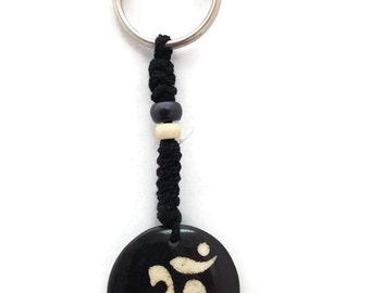 Hindu Om Bone Plate Disc Bead Key Chain