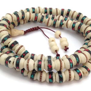 Tibetan Turquoise and Coral Inlay Bone 108 Beads Full Mala for Meditation and Yoga Adjustable