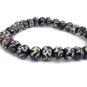 Hindu Om Bone Beads Stretch Wrist Mala Bracelet