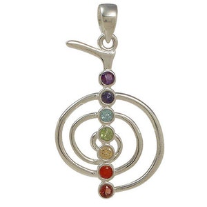 May include: Silver pendant with a spiral design and seven gemstones in the colors of the chakras: red, orange, yellow, green, blue, indigo, and violet.