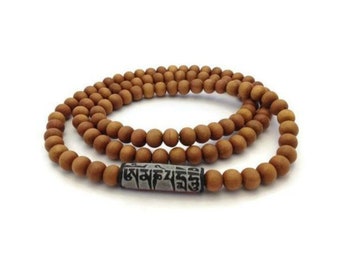 Tibetan Sandalwood 108 Beads Stone Carved "Om Mani Padme Hum" STRETCH Full Mala, Prayer Beads, Buddhist Prayer Beads, Wood Mala, Mantra Bead