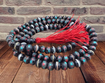 Tibetan Dark Yak Bone 108 Beads Inlay Turquoise and Coral Full Mala, Tibetan Prayer Beads Mala, Meditation Beads, Yoga Beads, Buddhist Beads