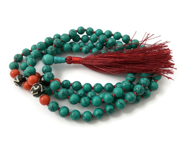 108 Count Earthtone Wood with Turquoise, Coral Bead Japa Prayer Yoga Meditation Mala Bead Necklace main image 1