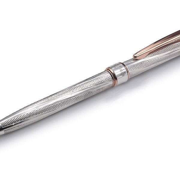 Hancrafted Sterling Silver Ballpoint Pen with Rose Gold Plating Artisan Guilloche Work