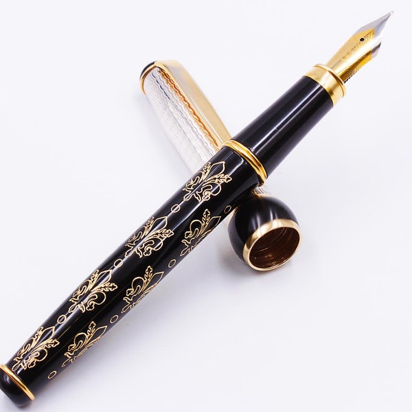 Stylo plume doré fleur de lys avec capuchon en argent sterling fait main en Italie