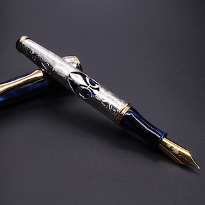 Füllfederhalter aus Silber 925 – Alma Mater mit blauer Harzkappe, handgefertigtes italienisches Silberschmiedehandwerk