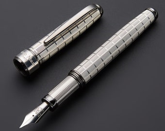 Sterling Silver 925 Fountain Pen with Chessboard Pattern and Black Gold Details Handmade in Italy