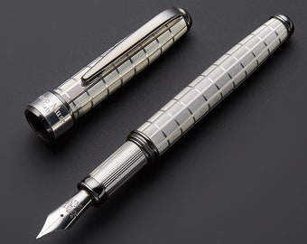 Handmade Solid Silver 925 Fountain Pen – Chessboard Guilloché & Black Gold Plating