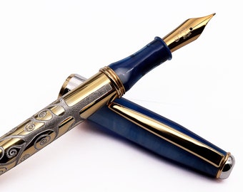 Klimt Tree of Life Fountain Pen: Golden Sterling Silver, Blue Resin, Made in Italy