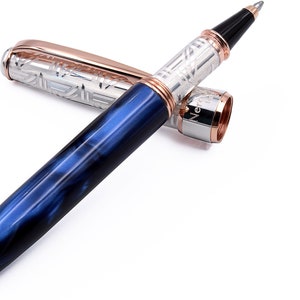 Handgemachter Tintenroller aus Sterlingsilber mit blauem Harz - italienische Handarbeit