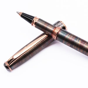 Penna rollerball italiana fatta a mano - Argento Sterling 925 con placcatura in oro rosso 18 carati, finitura rustica ossidata
