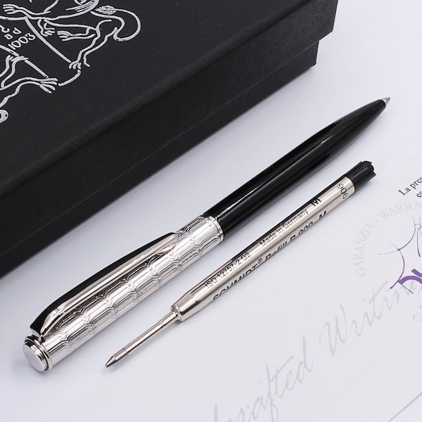Ballpoint Pen Sterling Silver Top Guilloche Design Handmade in Italy