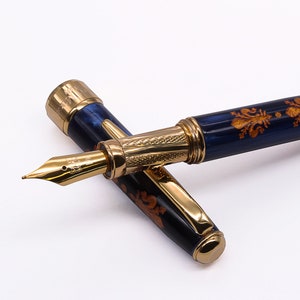 Italian Renaissance Art Fountain Pen with Florence Lily Flower and Vermeil Gold Grip