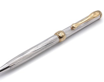 Handcrafted Sterling Silve Ballpoint Pen with Italian Artisans Guilloché Gold Plated Details