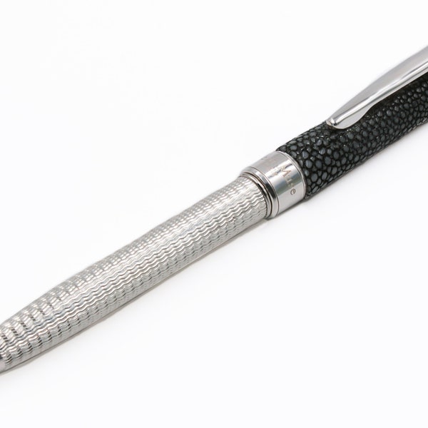 Hancrafted Ballpoint Pen Solid Sterling Silver & Genuine Stingray Leather Italy