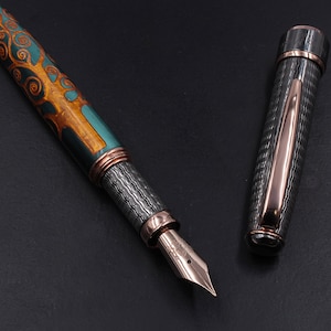 Handcrafted Pen Klimt Tree of Life Black Gold Plated Solid Silver Cap and Grip Italian Resin Body Made in Italy