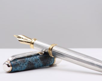 Fountain Pen Sterling Silver and Sustainable Blue Wolffish Leather Handmade in Italy