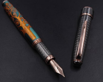 Handcrafted Pen Klimt Tree of Life Black Gold Plated Solid Silver Cap and Grip Italian Resin Body Made in Italy