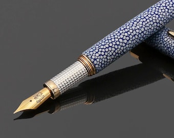 Fountain Pen Ocean Blue Genuine Stingray Leather Sterling Silver Grip Gold Plated Details Italian Handmade