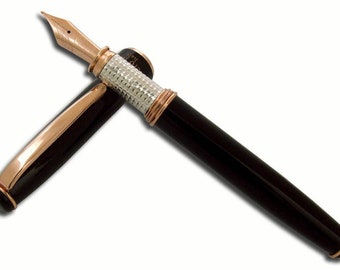 Black Fountain Pen Lacquered Metal  with Red Gold Plating Solid Silver 925 Grip Made in Italy