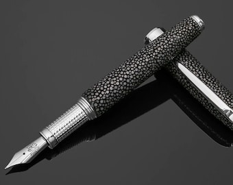 Handmade Italian Fountain Pen: Black Volcano Lava Stingray Leather with Sterling Silver Grip