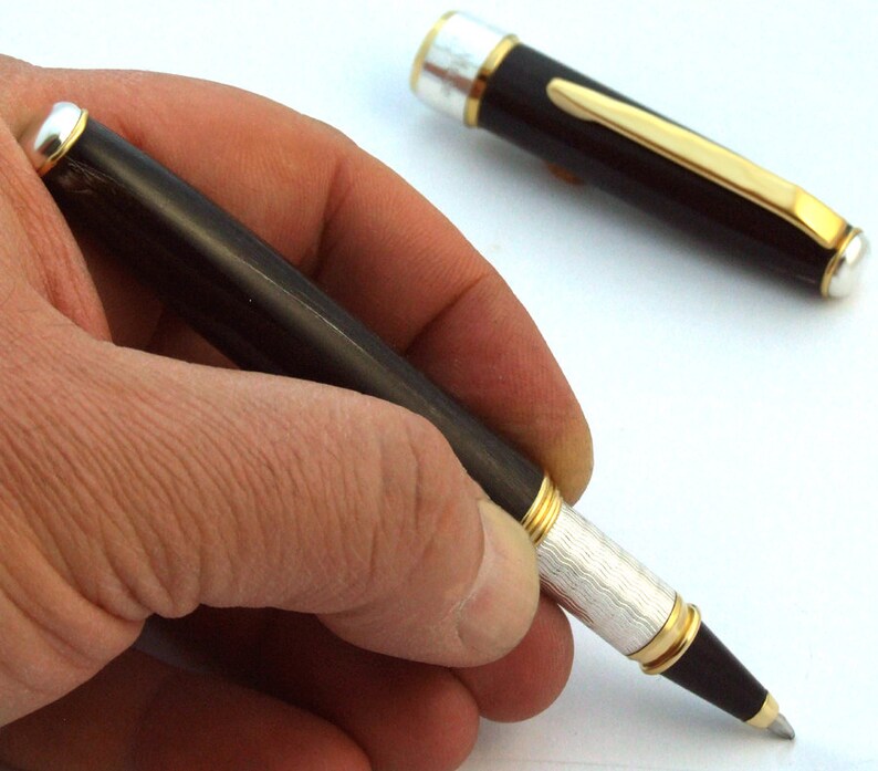 Handmade Horn Rollerball Pen for Him Natural Indian Buffalo Horn Sterling Silver Handturned in Italy