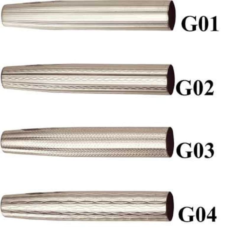 May include: Four silver pen nibs with different patterns. The nibs are labeled G01, G02, G03, and G04.