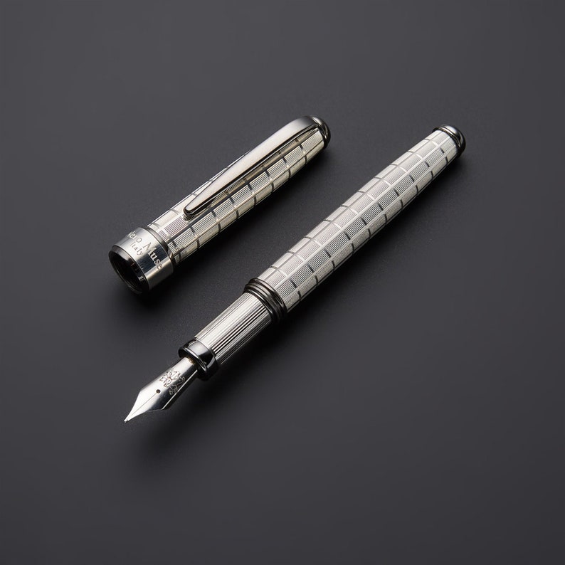 Handmade Solid Silver 925 Fountain Pen – Chessboard Guilloché & Black Gold Plating