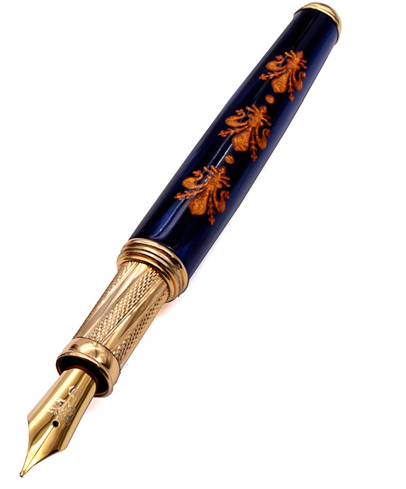 Italian Renaissance Art Fountain Pen with Florence Lily Flower and Vermeil Gold Grip