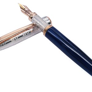 Handcrafted Sterling Silver & Dark Blue Resin Fountain Pen with Red Gold-Plated Details – Elegant Writing Instrument