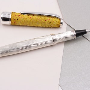 Handcrafted Pen Sustainable Yellow Leather Sterling Silver Italy