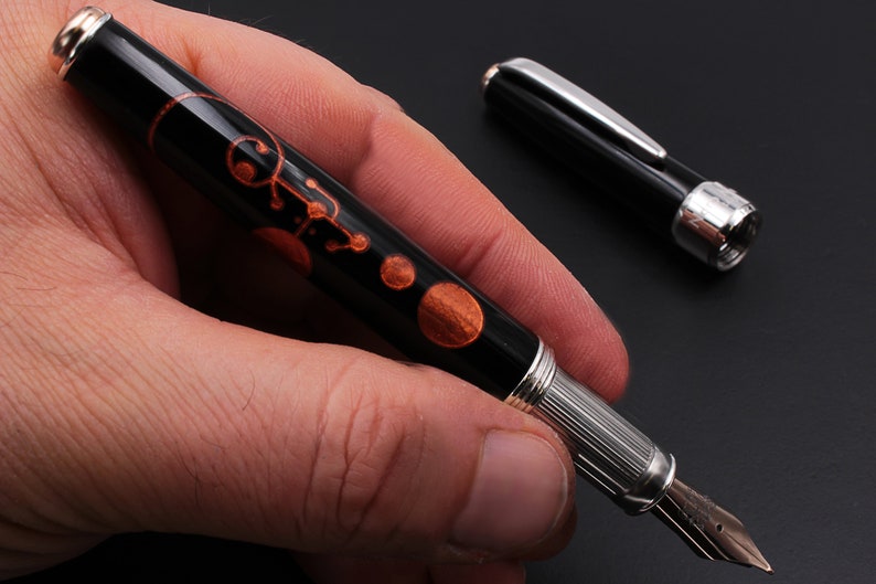 Unique UFO Fountain Pen, Crop Circle Engraved, 925 Sterling Silver Grip, Made in Italy