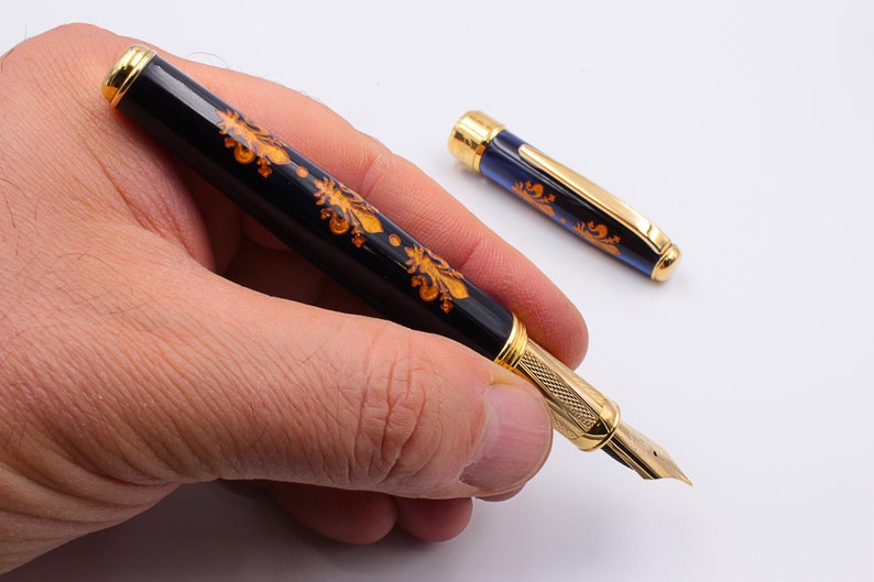 Italian Renaissance Art Fountain Pen with Florence Lily Flower and Vermeil Gold Grip